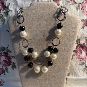 Black and Pearl Two-Tier Beaded Necklace with Silver Rings